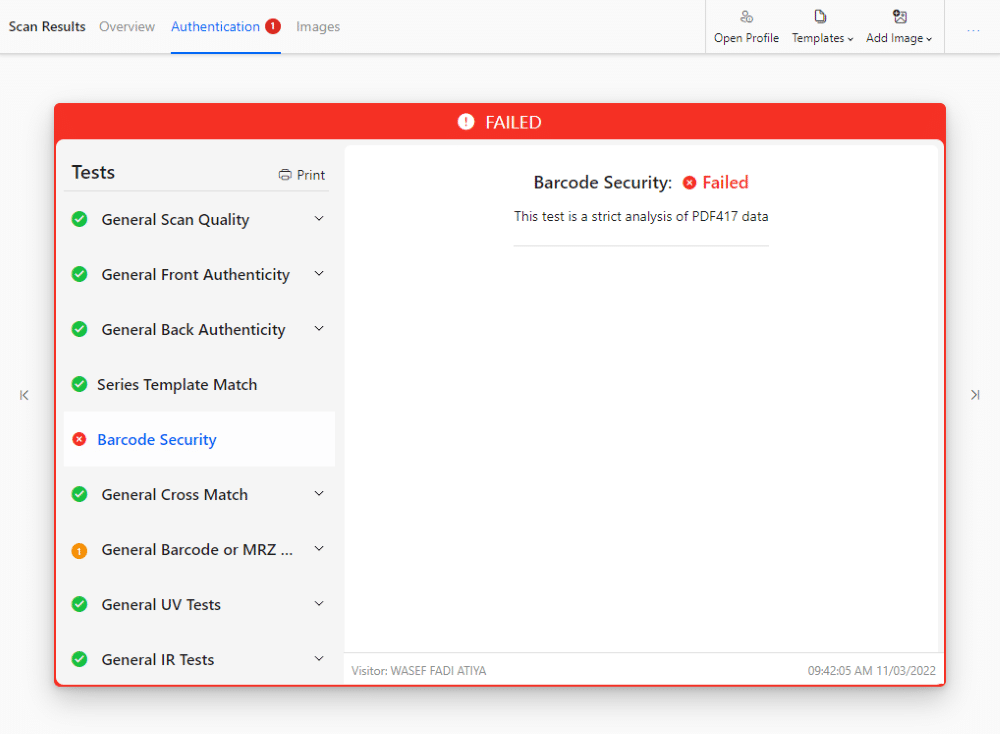 VeriScan software popup when a fake ID is scanned through ID authentication
